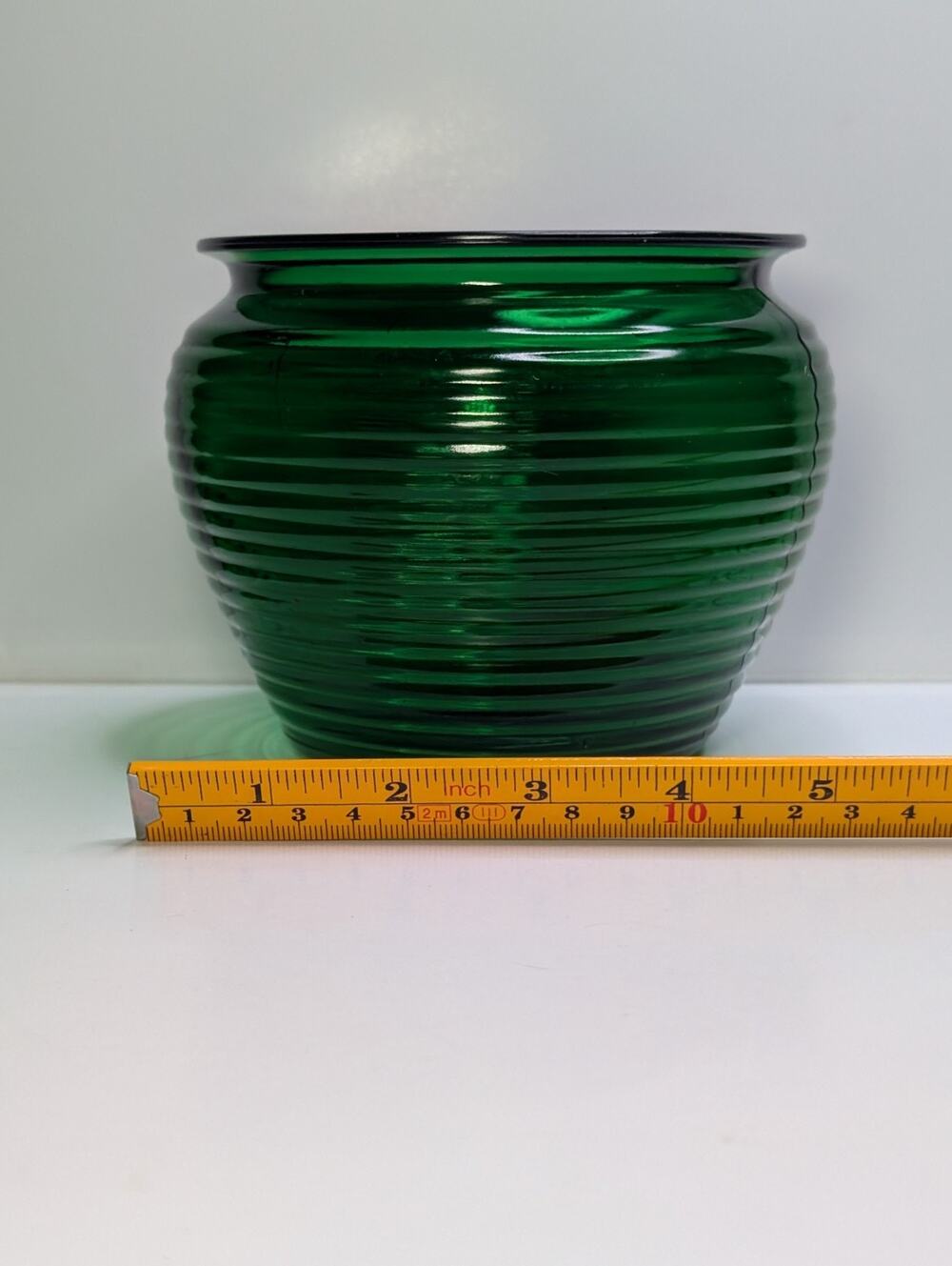 Green Ribbed Glass Planter Bowl Cache Pot Vase 6" Round Decorative